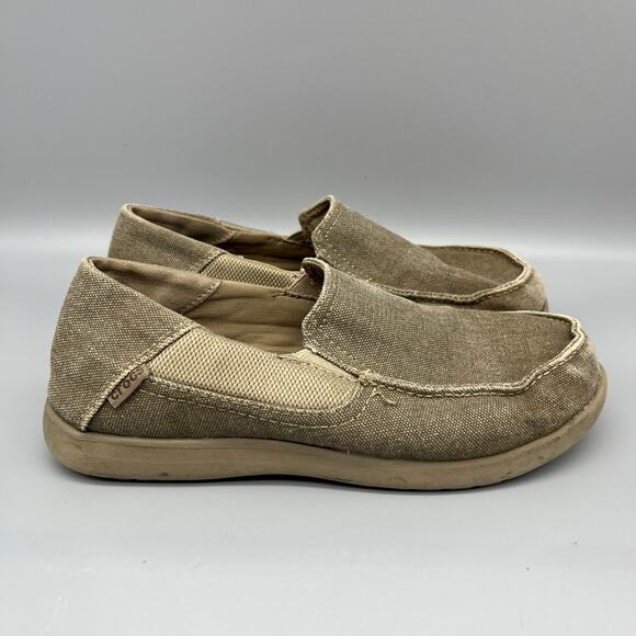 Crocs Kids j6 Beige Canvas Loafer Santa Cruz 2 Slip-On Moc‎ Toe Comfort Shoes - Picture 1 of 8